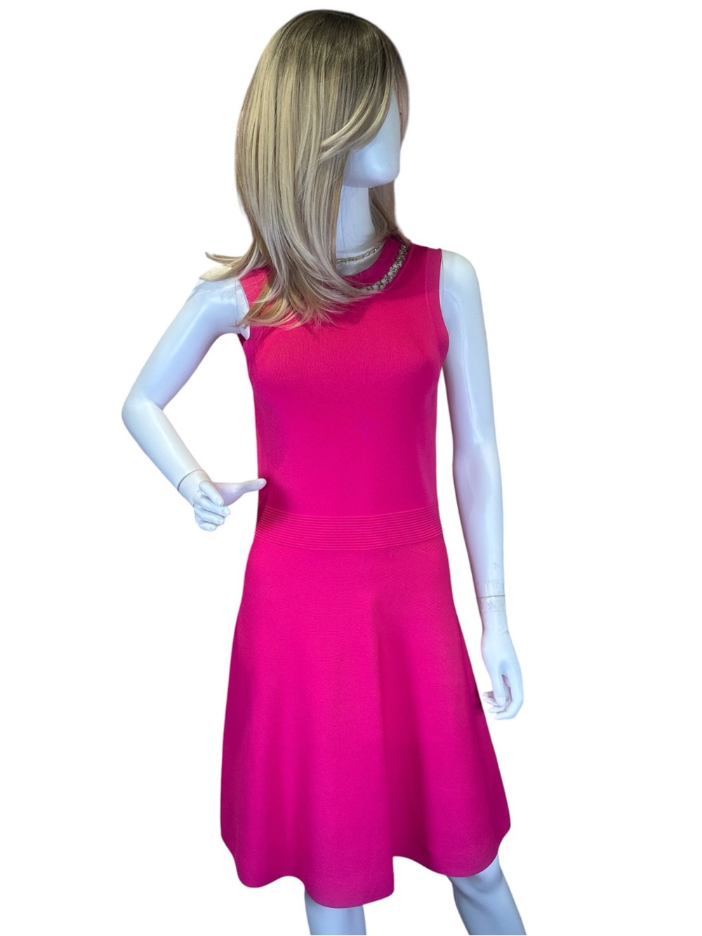 Michael Kors Hot Pink Sleeveless Fit-and-Flare Dress with Chain Neckline - Picture 3 of 11